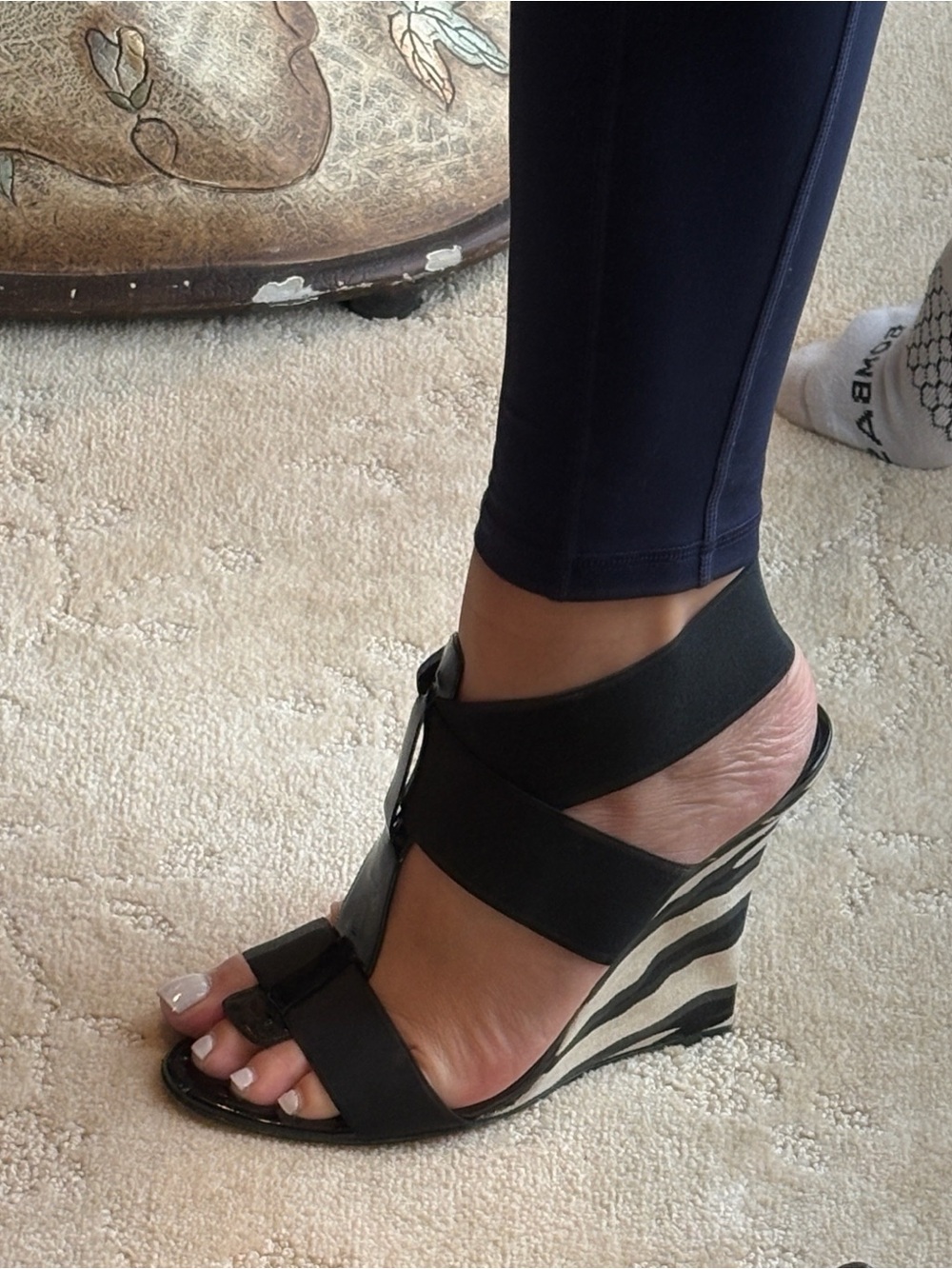 Manola Blahnik Women's Black Strappy Wedge Sandals with Zebra-Print Wedge